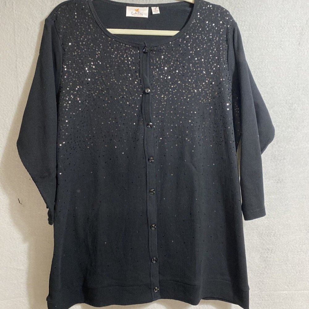 Quacker Factory-Women 2-in-1 Jacket Tank Black Sequin Set‎ Blouse Top Sz 1X